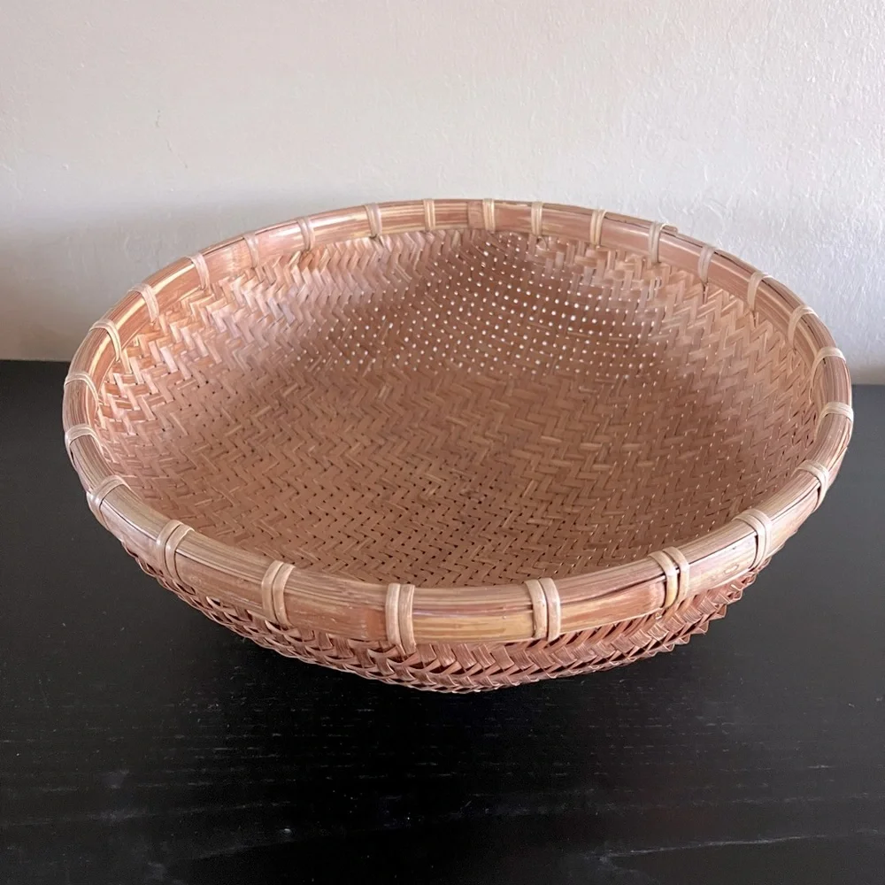 Vintage Rare Bamboo Round Woven Basket 16”